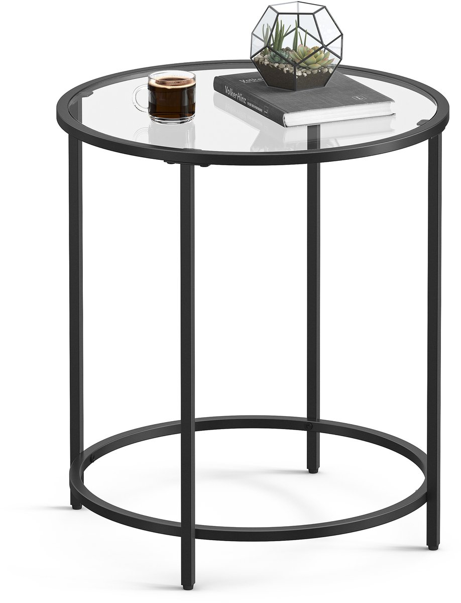 VASAGLE - Bijzettafel - Bijzettafeltjes Woonkamer - Ronde Bijzettafel - Hardglazen Blad - Metalen Frame - Geschikt voor Balkon Slaapkamer