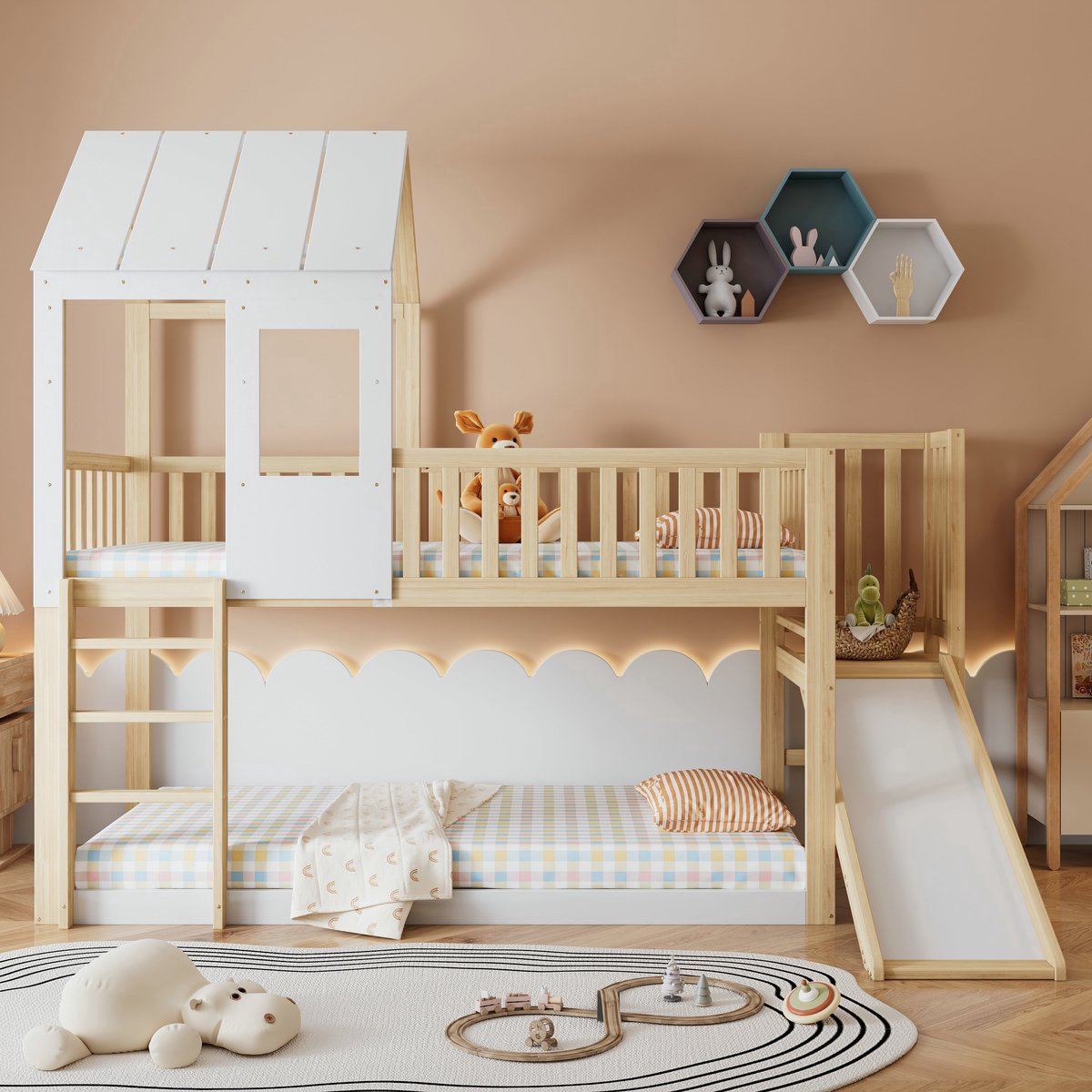 VVBV Stapelbed 90x200 / Stapelbed met opbergruimte / Kinderstapelbed – met Trap, Ladder, Glijbaan – Huisbed – Wit – Kinderstapelbed met Veiligheidshek Houtkleur