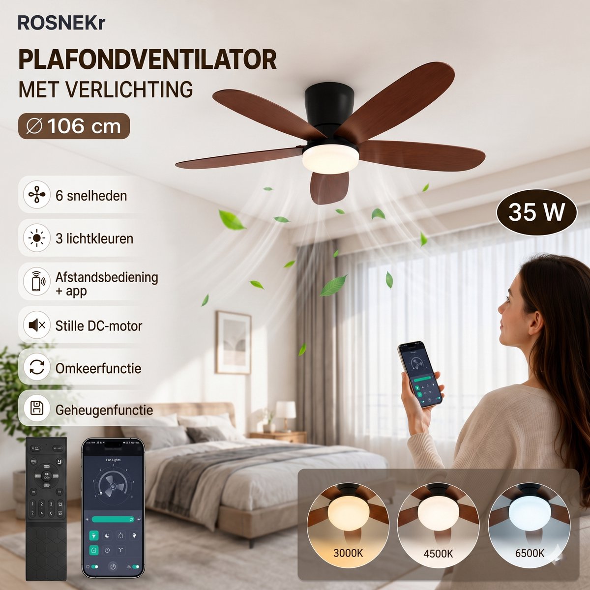 MUPOO Houtlook plafondventilator met verlichting 106 cm thumbnail 3