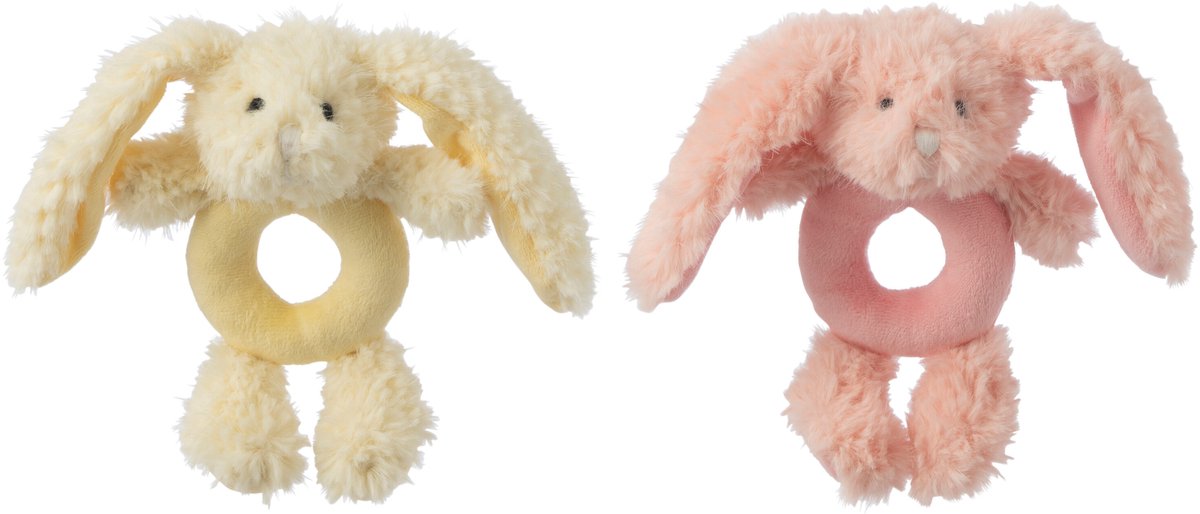 J-Line knuffelbeer Konijn Ring - polyester - roze/geel - set van 2