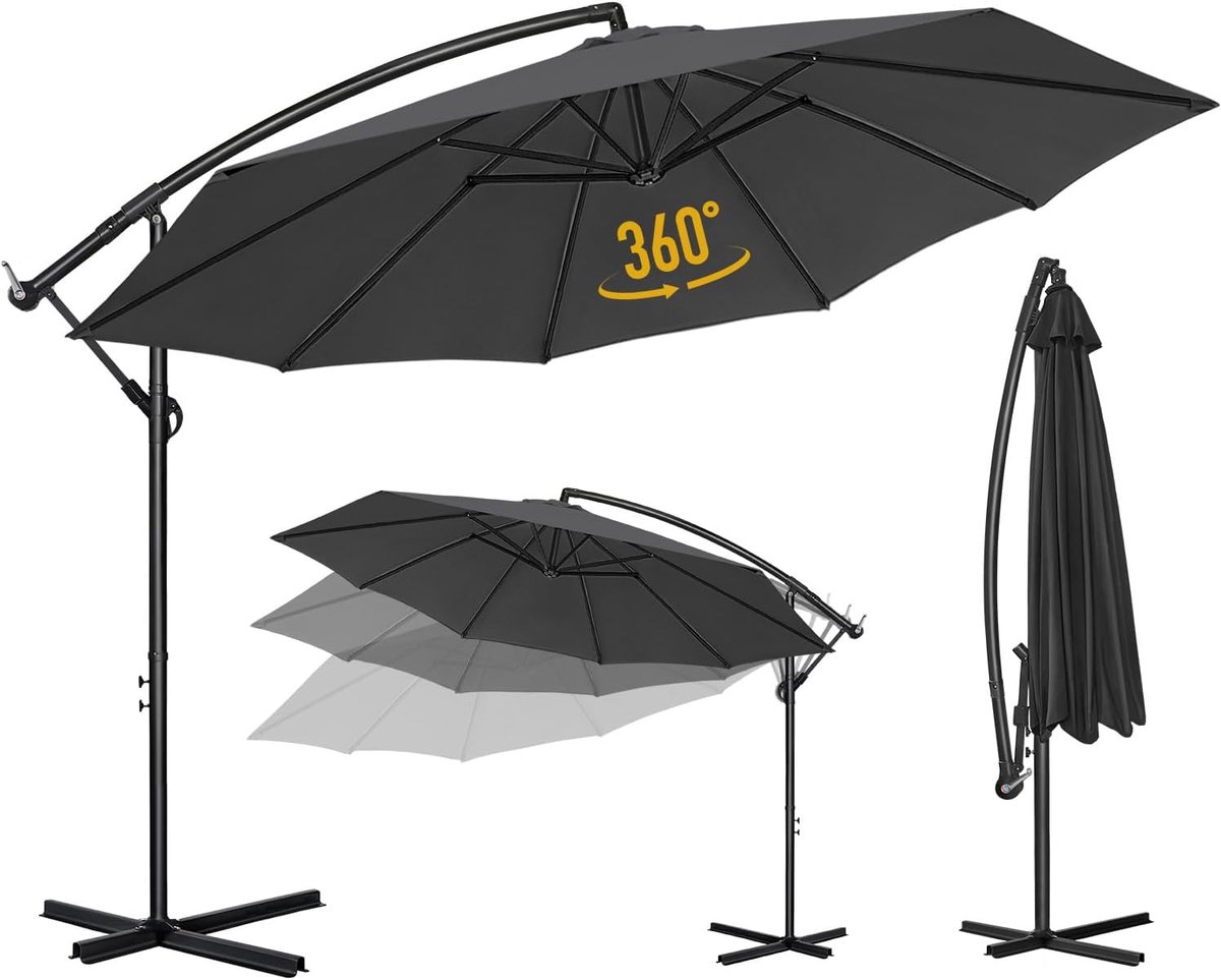 Puluomis Zweefparasol - 300cm Rond - Tuin Garden parasol - Verstelbare Hoogte - Incl. kruisvoet & Beschermhoes - Antraciet