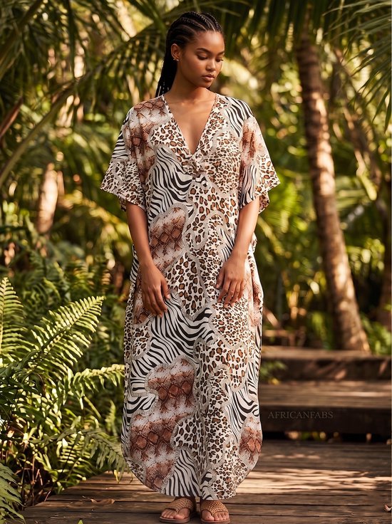 Boho rayon kaftan jurk - Bruin Beige Safari Blend - Strand Cover Up Caftan Maxi Jurk
