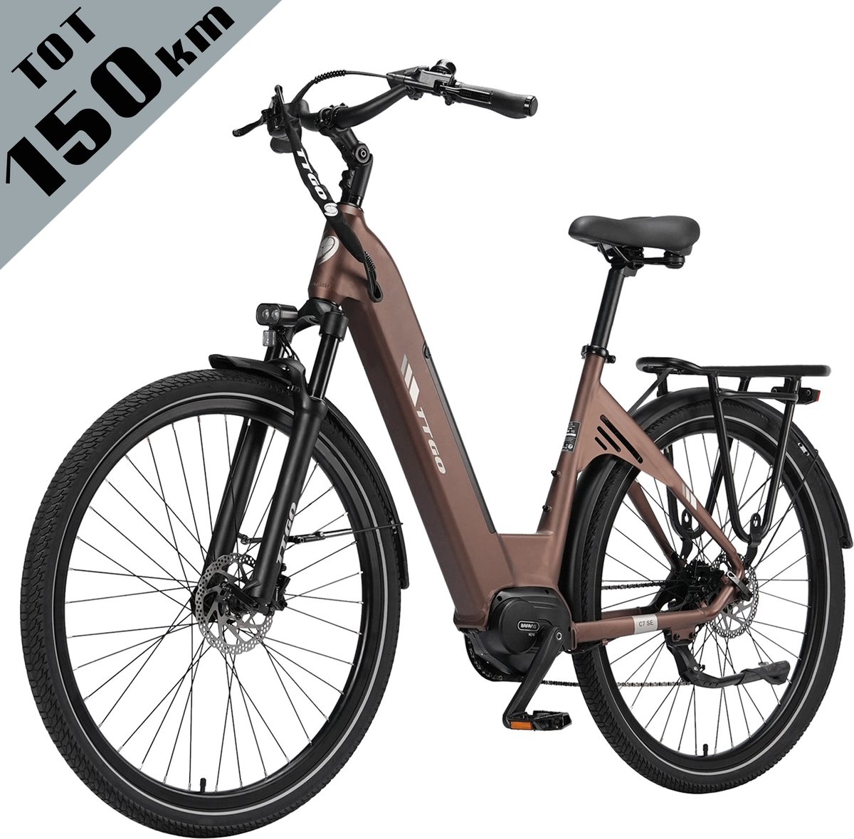 Elektrische Stadsfiets TTGO C7 SE - 28 INCH Banden - 250W Bafang Middenmotor - 36V18Ah Accu - Bereik tot 140km - Shimano 9 Versnellingen - Bruin