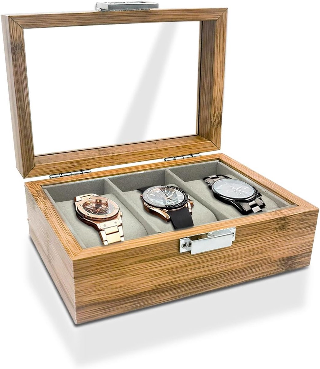 Horlogebox, 10 sleuven-6 sleuven, houten horlogebehuizing, horlogehouder met afneembare kussens, retro horlogedoos, horloge-opbergdoos voor horloges (3-sleuf)