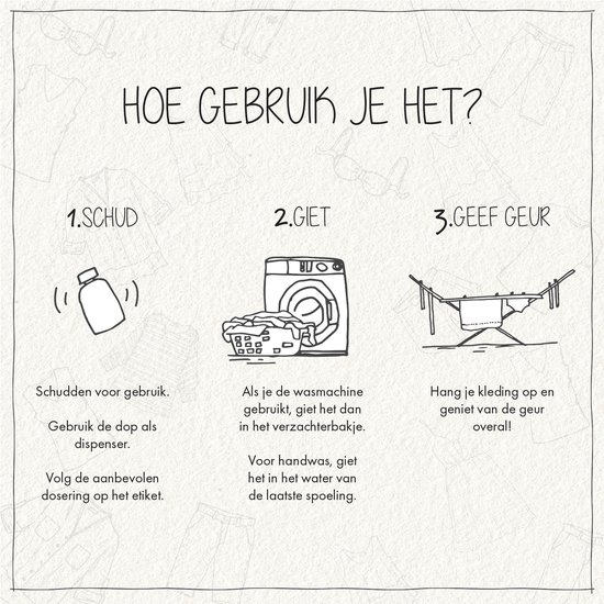 Instructies in drie stappen: schudden, gieten in wasmachine, ophangen.