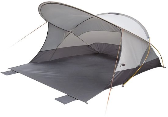 Interieur van een tweepersoons strandtent, wit met grijze vlakken, met uitklapbare bodem.