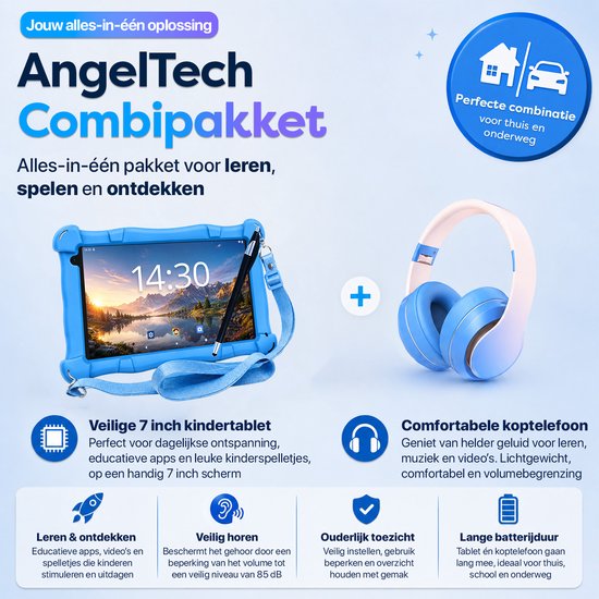 Blauwe kindertablet met pen en blauwe koptelefoon met roze details, met tekst "AngelTech Combipakket"