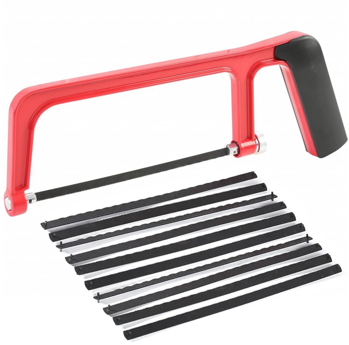 Dailygoods - Dailygoody - Mini-handzaag - Beugelzaagset - Handig voor doe-het-zelvers - Rood - Verwisselbare messen - Perfect voor hout en kunststof - Inclusief 10...