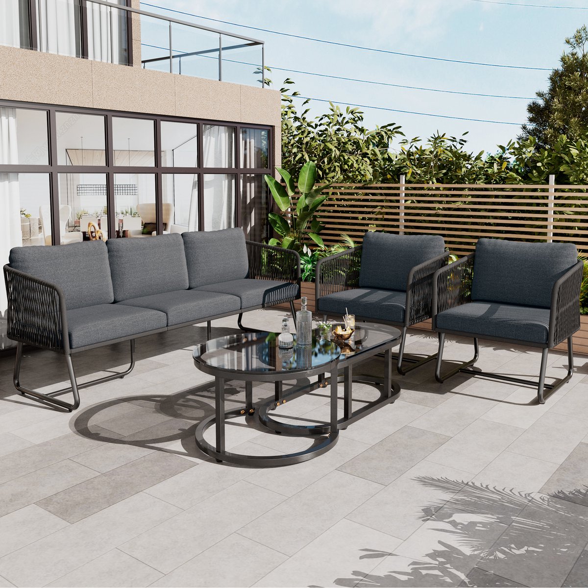 Wishdor Tuinloungeset - Verzinkt IJzeren Frame En Handgevlochten Touw - Retro Ontwerp Voor Tuin - Glazen Tafelblad - Grijs - 5-Delig