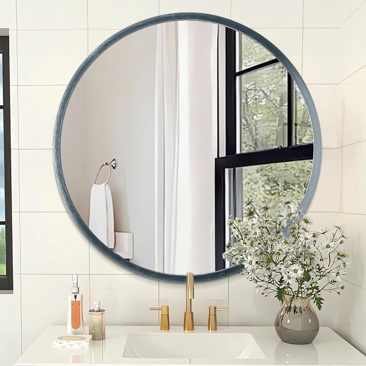 Grote ronde spiegel voor badkamer, woonkamer, hal en slaapkamer met matte blauwe frame van