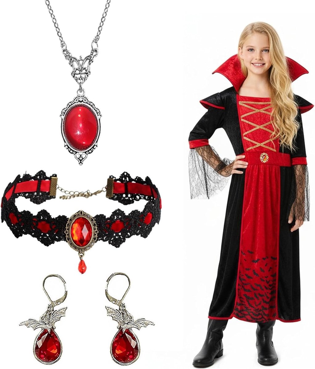 Halloween Kostuum voor Kinderen - Vampier Kostuum met Choker, Oorbellen en Accessoires voor Feest en Carnavalsvieringen