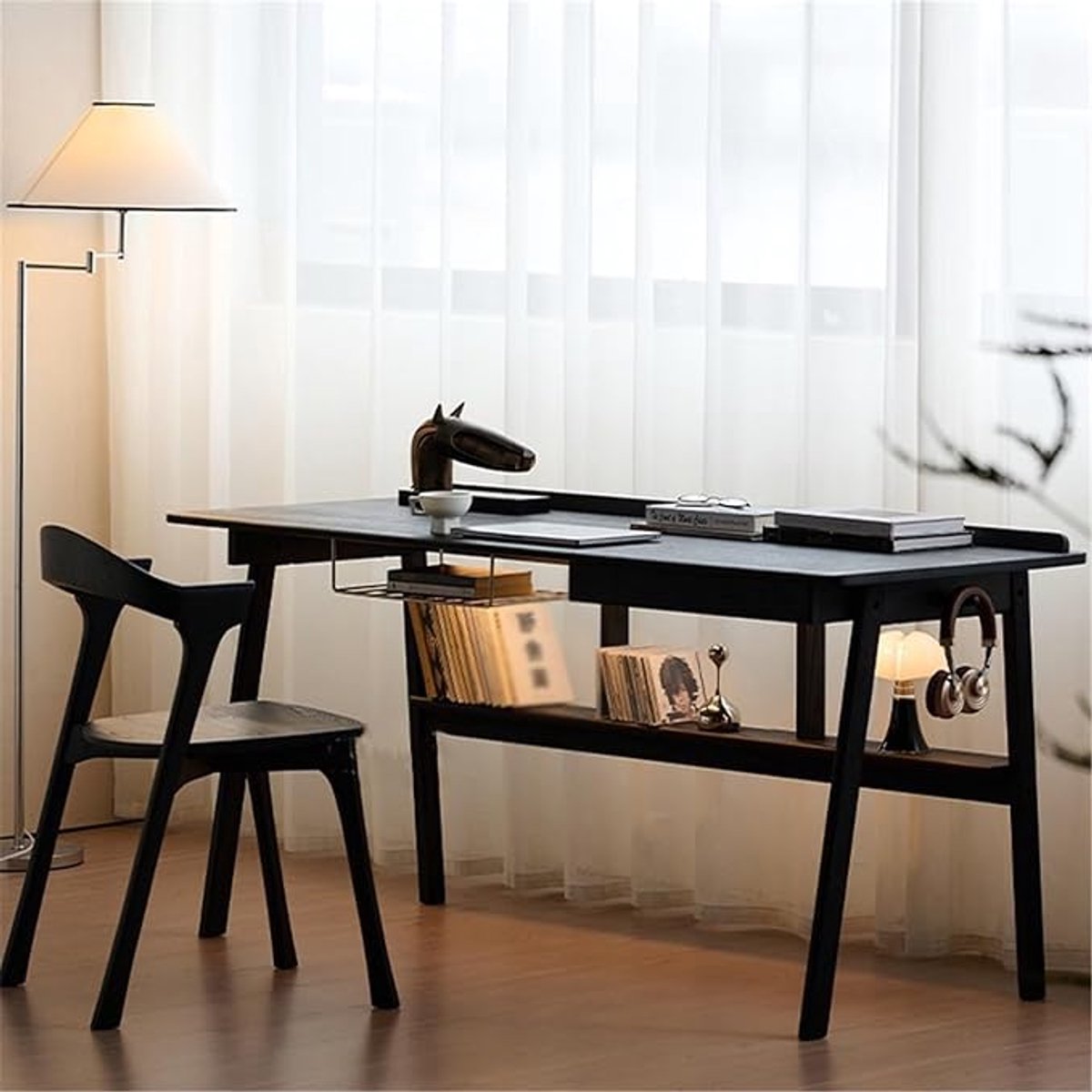 Computertafel Bureau 120x60x75 cm Massief Eschenhout Zwart met Lade en Open Opbergrekken – Modern Home Office Laptop & PC Werkbureau