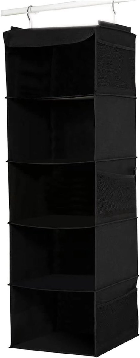 Hanging Wardrobe Kast met 5 Planken en 6 Opbergvakken voor Kleding - Zwart (30 x 30 x 108