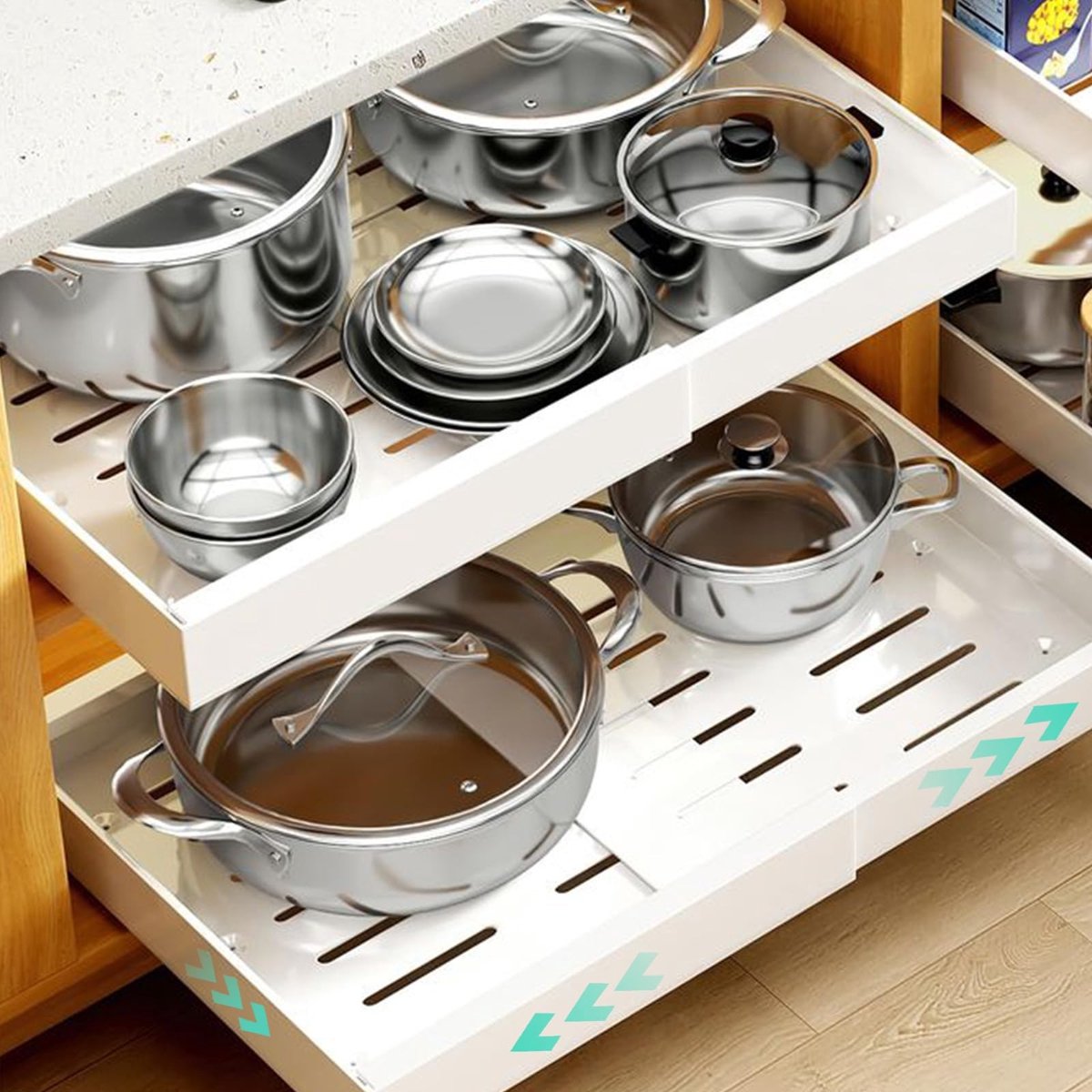 Dailygoods - Cosensi - Dailygoody - Pull-out Cabinet Organizer - Verstelbaar - Ruimtebesparend - Wit - Treklaadjes - Perfect voor Keuken en Badkamer - 2 Compartimenten