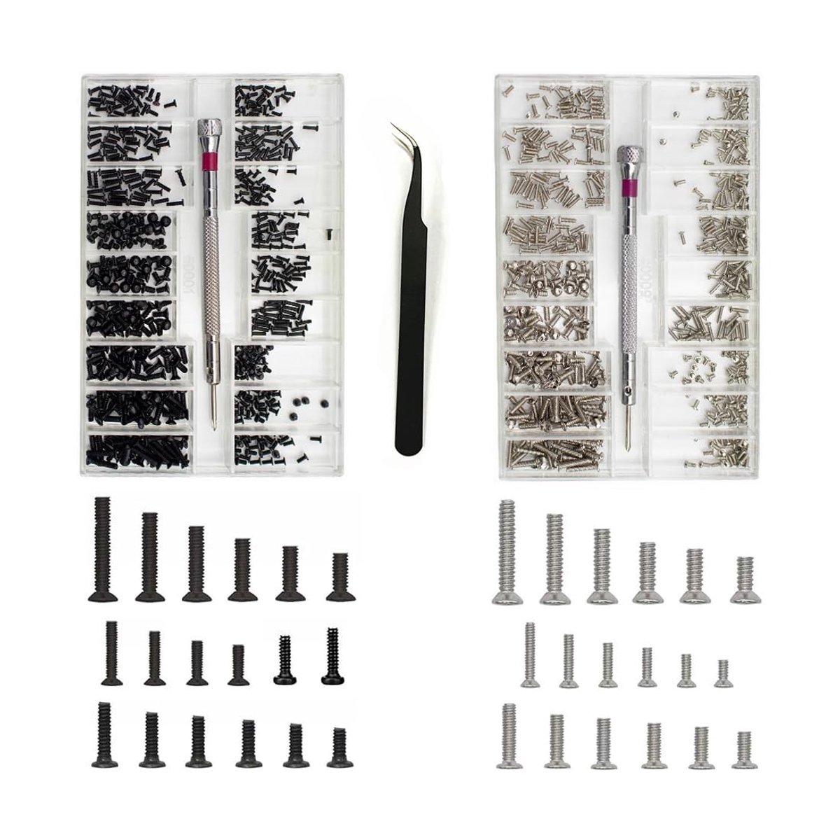 Dailygoody - Mini-schroevenset - Schroevendraaier - 960 stuks - Zwart en zilver - Reparatieschroeven - Geschikt voor horloges en brillen