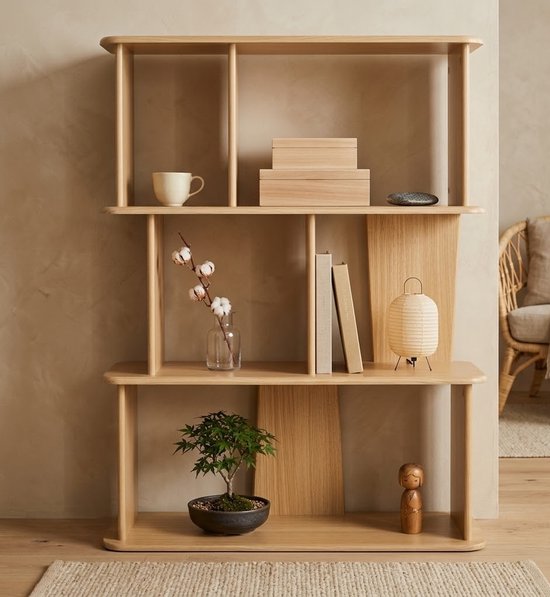 Houten Japandi Vakkenkast - Asymmetrische Boekenkast - Vrijstaand Scandinavisch Vloerrek - Open Stellingkast