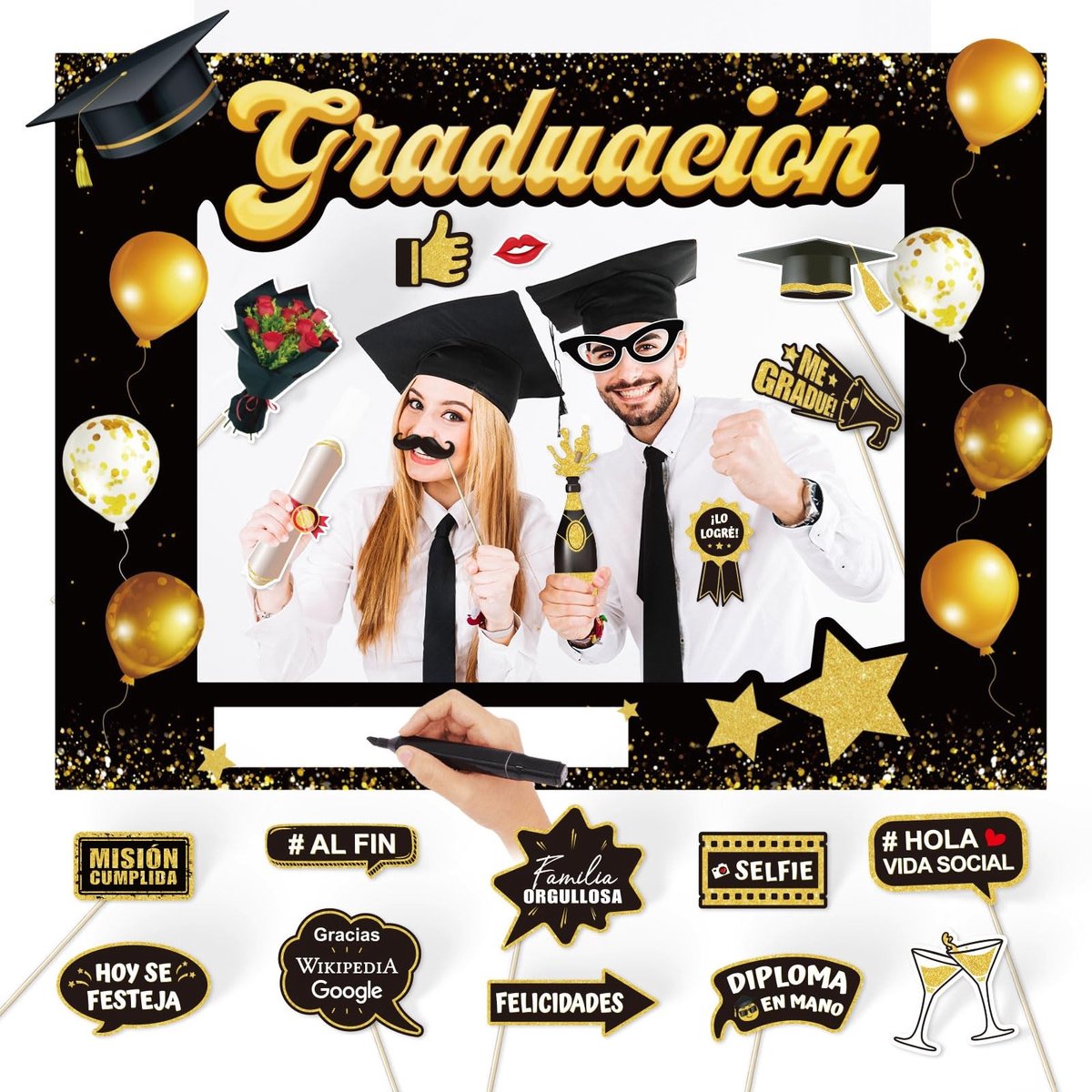 Dailygoody - Decoratie afstuderen - Fotolijst en foto-rekwisieten - Zwart en goud - Feestdecoratie - Perfect voor graduaties - 21 stuks