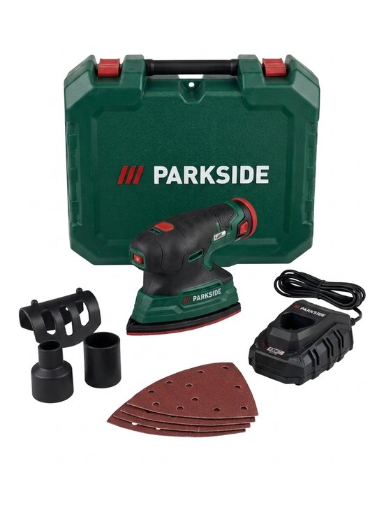 PARKSIDE® Accu-handschuurmachine 12V met accu en lader - Toerental: 11.000 tpm - Trillingsfrequentie: 22.000 tpm - Diameter resonantiecircuit: 1,2 mm - Inclusief 1x adapter voor externe stofafzuiging, 4x schuurpapier en 1x schuurpapierfixeermiddel