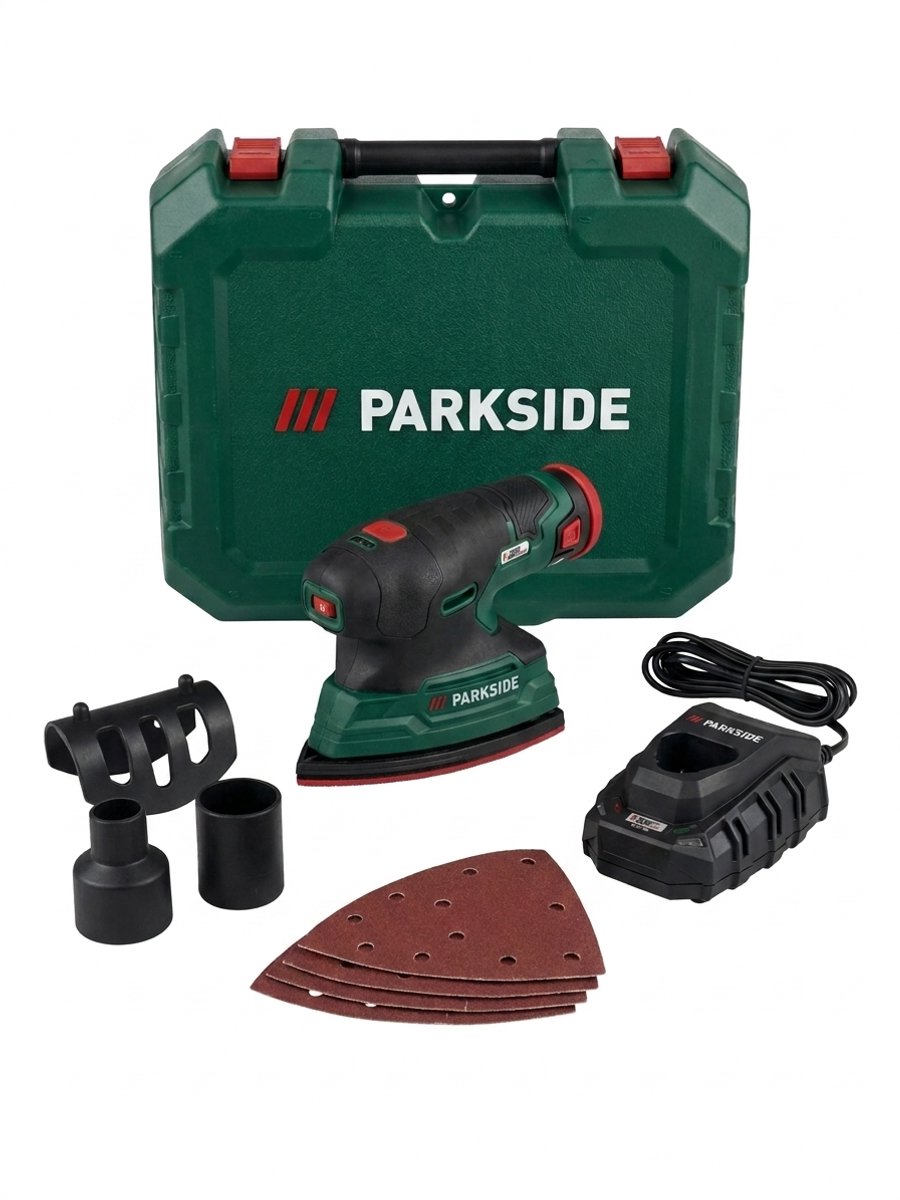 PARKSIDE® Accu-handschuurmachine 12V met accu en lader - Toerental: 11.000 tpm - Trillingsfrequentie: 22.000 tpm - Diameter resonantiecircuit: 1,2 mm - Inclusief 1x adapter voor externe stofafzuiging, 4x schuurpapier en 1x schuurpapierfixeermiddel
