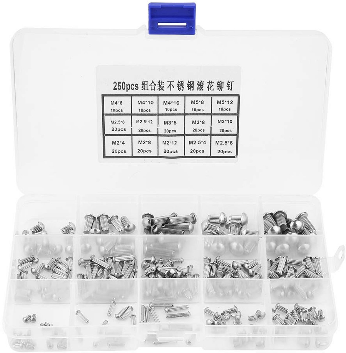 Dailygoods - Dailygoody - Ronde Kop Gekartelde Schacht Klinknagels - 250 Stuks - Assortiment Set voor Objecten Verbinding - Voor Diverse Toepassingen - Handi...