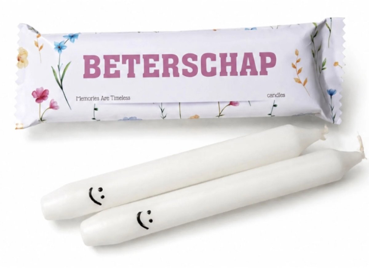 Memories Are Timeless Beterschap Cadeau - Dinerkaarsen met Smiley - Cadeauverpakking met Bloemen - Memories Are Timeless