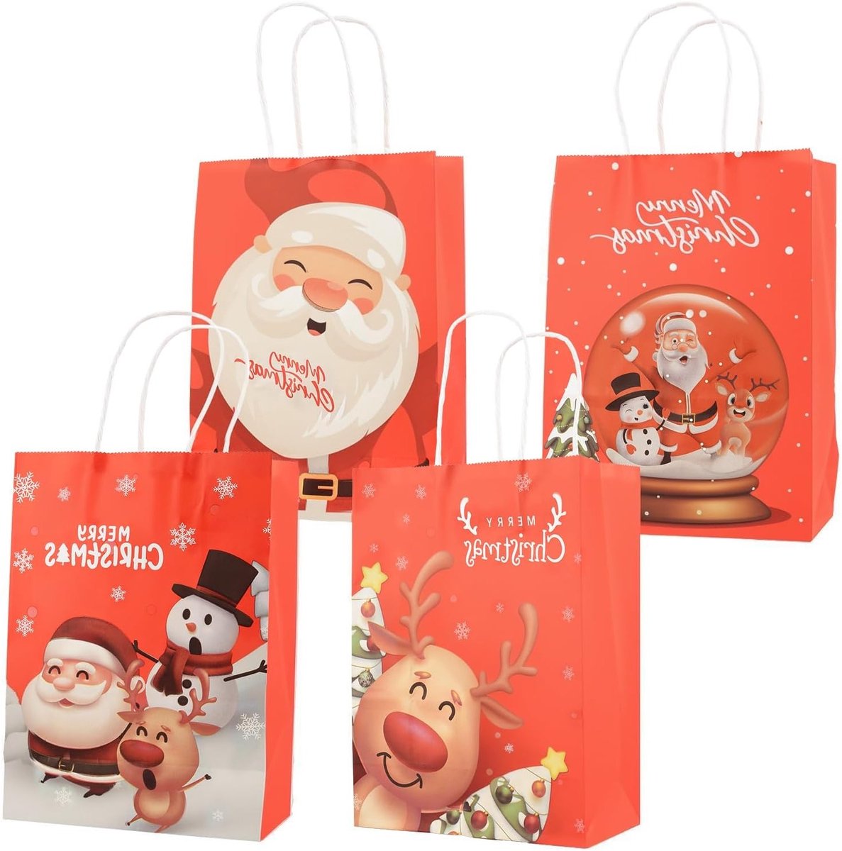 Kerstcadeauzakjes met handgrepen, papieren zakken voor geschenken en kerstdecoratie, 12 stuks in 4 patronen, 16 x 8 x 22 cm, rood en feestelijk
