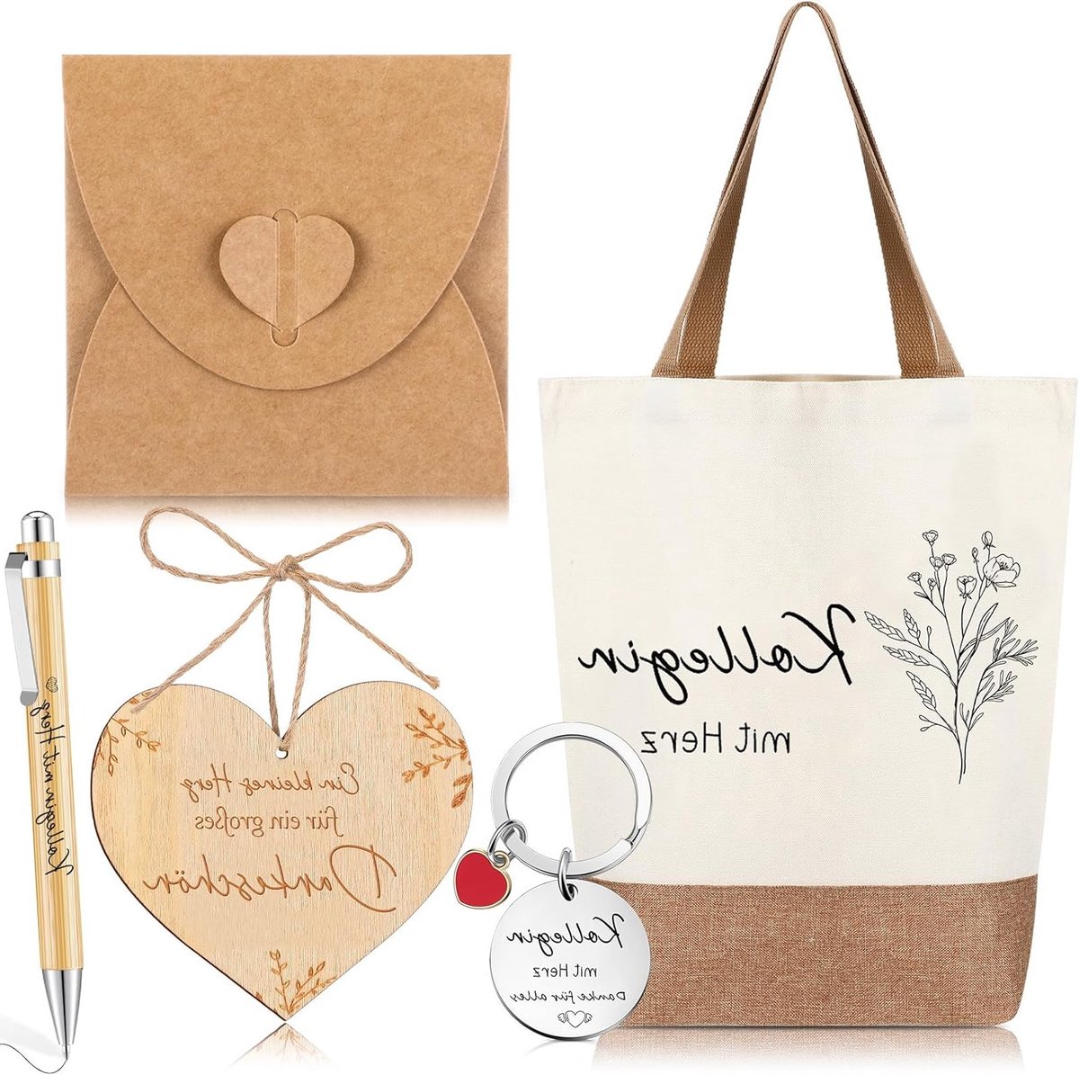 5-delige Afscheidsgift voor Collega's met Stoffen Tas, Sleutelhanger, Houten Balpen en Envelop - Perfecte Bedankjes voor Werk, Collega's en Verjaardagen