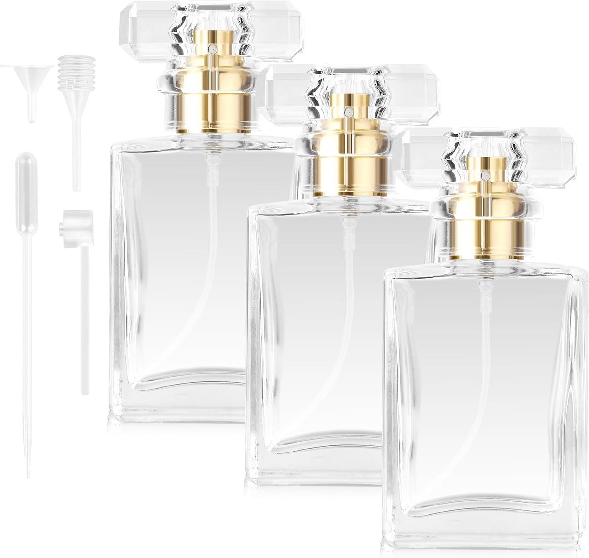 Set van 3 Navulbare Parfumflessen van 30ml, Transparante Glas Atomizers met Trechter en Druppelaar, Ideaal voor Reizen en Thuisgebruik