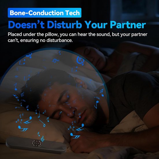 Bluetooth-kussenluidspreker voor een goede nachtrust - Bone Conduction-slaapluidspreker voor onder het kussen met ingebouwde 35 witte ruistonen, draagbare slaapkoptelefoon voor op reis, soundbar met 300mAh-batterij (zwart) — afbeelding 3