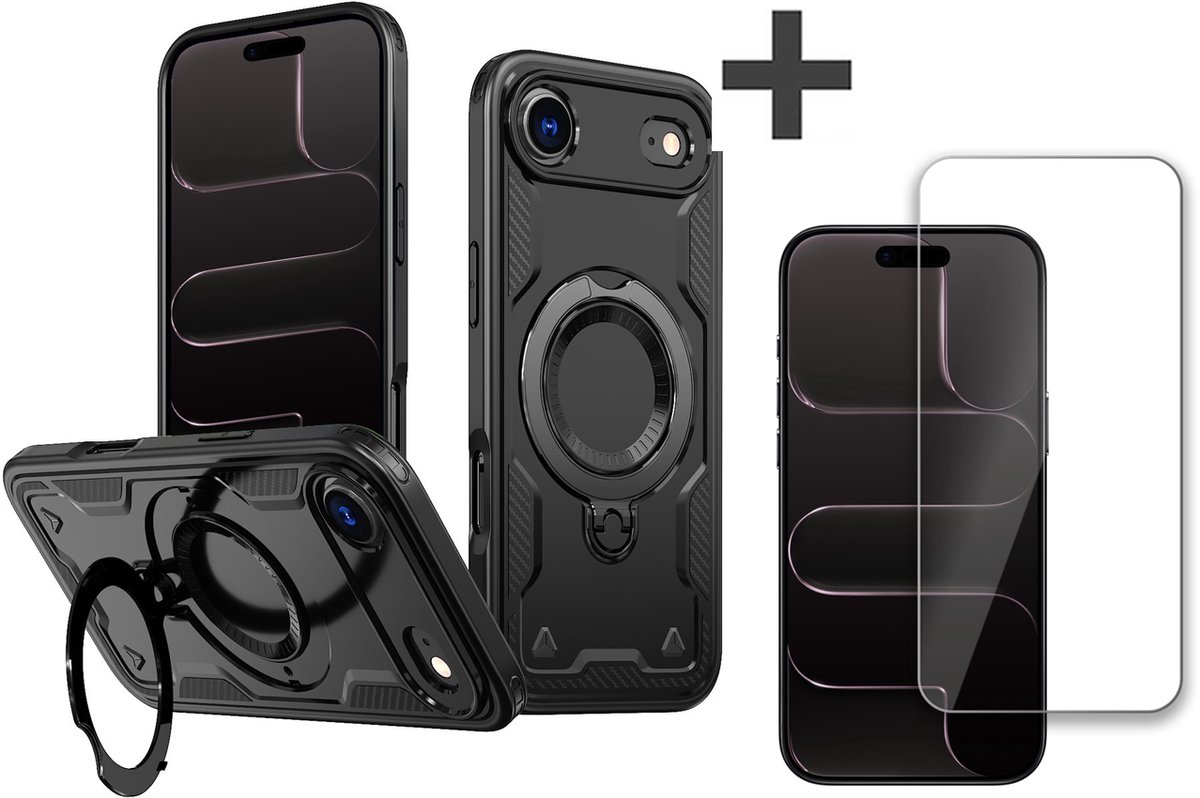 Hoesje Geschikt voor iPhone 17 Air met gehard glas Screenprotector - Armor hoes met Ringhouder - Arara backcover - Zwart