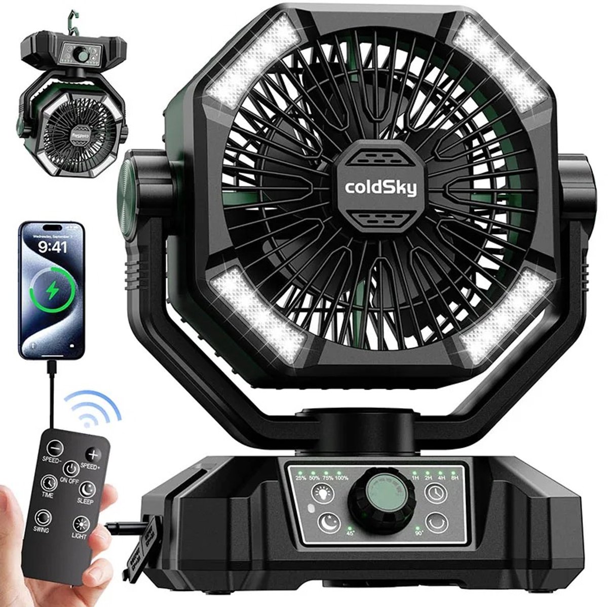 NordHaus Campingventilator Green - Draagbare Buitenventilator - Bureauventilator - 20000mAh Accu - 8 Snelheden & 4 LED Lampen