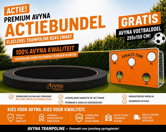 Promotionele banner met Avyna trampoline en voetbaldoel, tekst in het Nederlands.