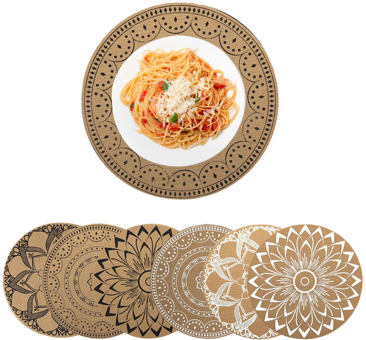 6-delige ronde placematset in bohemianstijl - 38 × 38 cm - 6 stijlen - Wasbaar - Hittebestendig - Mandala-patroon - Placemats - Stijlvol en veelzijdig