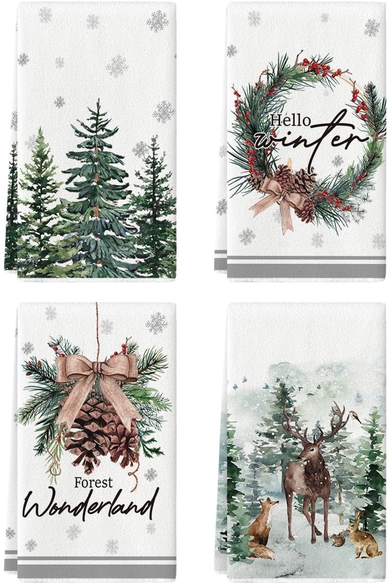 Dailygoods - Dailygoody - Keukenhanddoeken - Theedoeken Set van 4 - Seizoensgebonden Kerstdecoratie - 42 x 65 cm - Elk Bomen Dennenappels Herten - Perfect als Cade