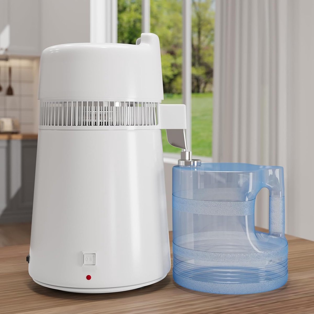 Waterdestilleerapparaten voor thuisgebruik – 1 gal/4 l roestvrijstalen destilleerapparaat met glazen reservoir – 750 W desktop-waterzuiverings- en destilleerset – Wit