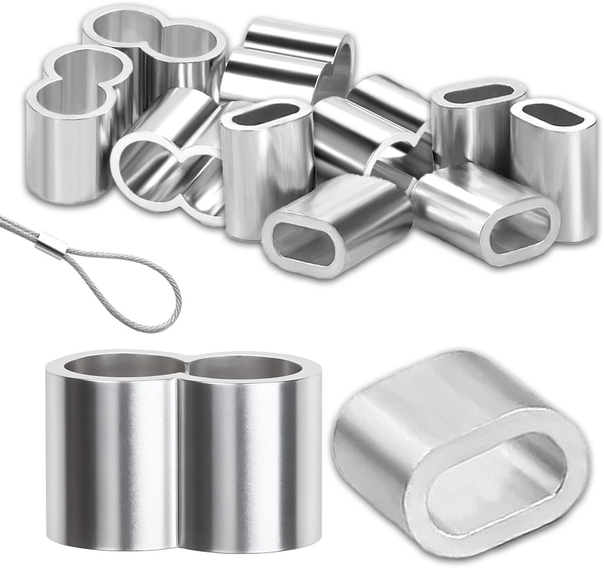 Dailygoods - Dailygoody - Rubberen kabelaccessoires - Kabelklemmen 5 mm - 10 stuks - Aluminium hulzen - Creatieve toepassingen - Geschikt voor draadkabels - Zilver