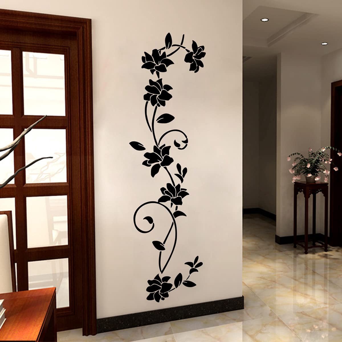 Dailygoods - Dailygoody - Zwarte Botanische Bloemen - Muursticker - Zelfklevend - Decoratie - Voor Woonkamer en Slaapkamer - 105 x 30 cm