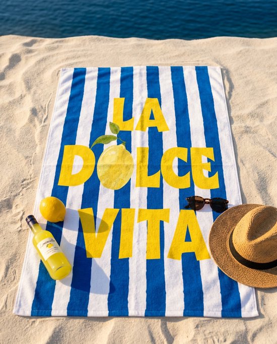 Serviette de plage 100x180 cm 100% Polyester | La Dolce Vita Citron Rayures Bleu & Jaune Méditerranéen XL