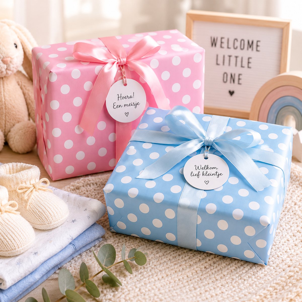 Extra Lang Cadeaupapier Baby Roze & Blauw – Set van 4 Rollen – 70 x 400 cm – Inpakpapier met Witte Stippen – Geschenkpapier Babyshower & Kraamcadeau – foto 4