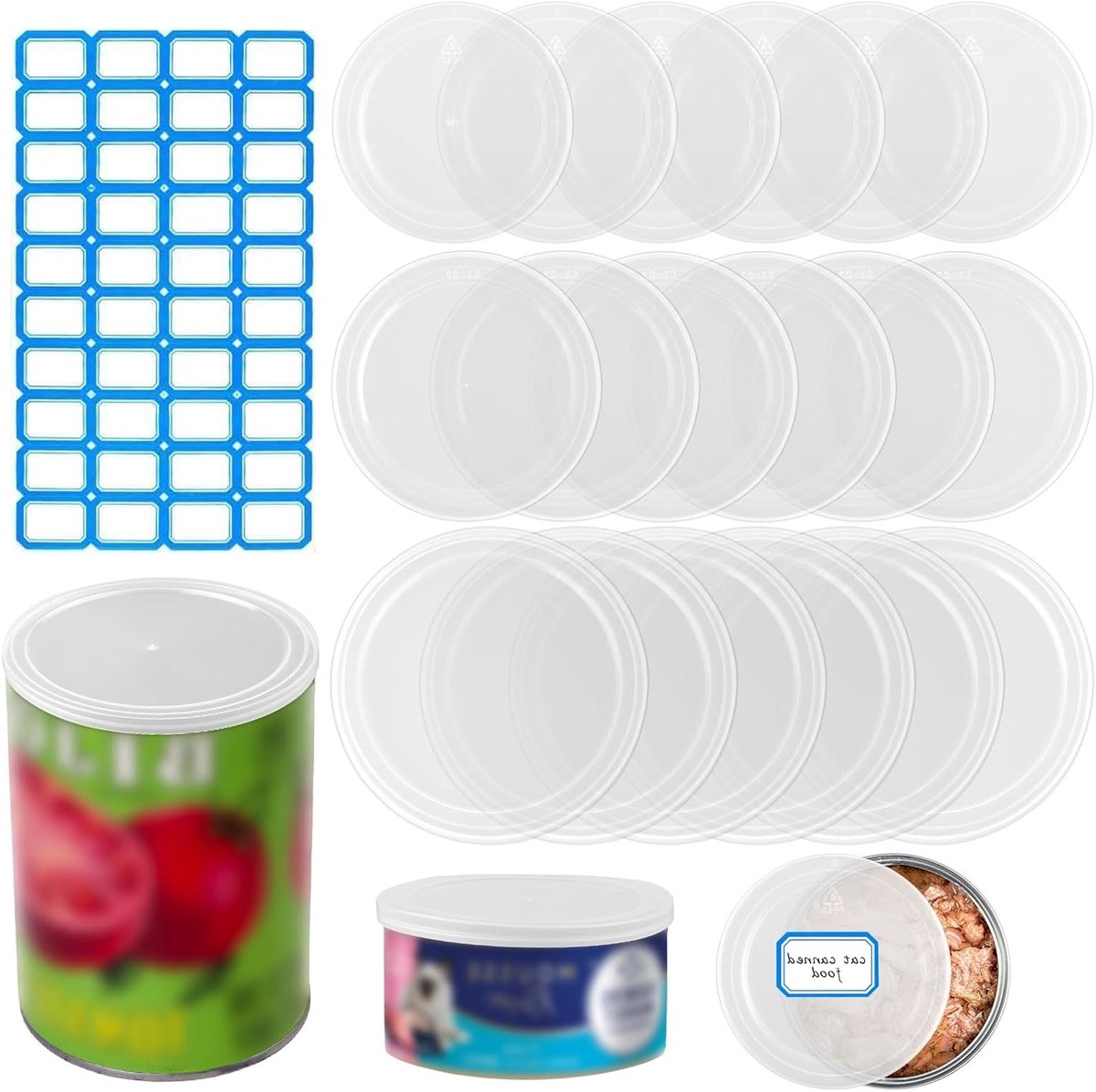 Set van 18 Plastic Deksel voor Blikjes in 3 Maten met Labels, Herbruikbare Deksel voor Huisdierenvoer, Transparante Bliksluiting voor Katten- en Hondenvoer
