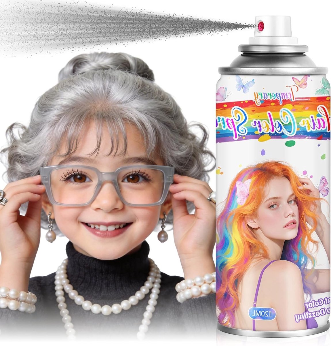Wasbare haarverfspray voor kinderen en volwassenen, perfect voor Halloween, cosplay en feestjes (120 ml, grijs)