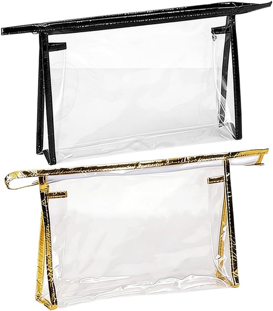 Transparante toilettassen set van 2, waterdicht en ritssluiting, ideaal voor reizen en make-up organisatie (zwart, goud)