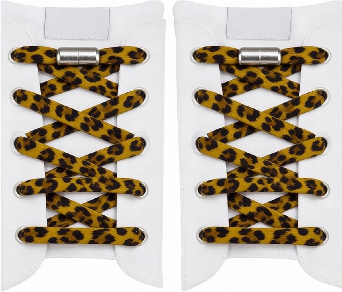 Modieuze elastische platte veters met luipaardprint en metalen clips voor sneakers, dubbele lengte 120/140 cm, trendy schoenaccessoires