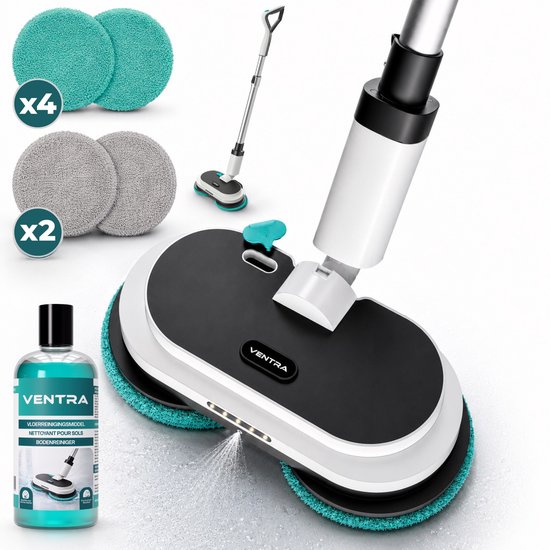 VENTRA® Elektrische Dweil - Dweilsysteem - Vloerreiniger - Dweil met Spray - 3300mAh - Draadloos - >60min Dweilen - Inclusief 6 Microvezelpads en Vloershampoo