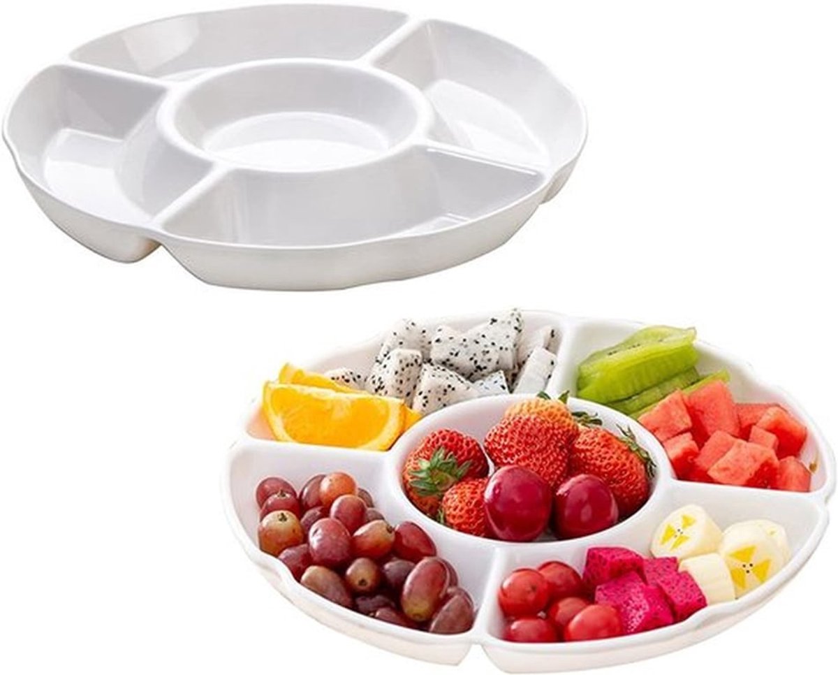 Set van 2 snackborden van 25 cm - 5 vakken diep plankje voor snacks, groenten en fruit - Magnetron- en vaatwasserbestendig - Wit