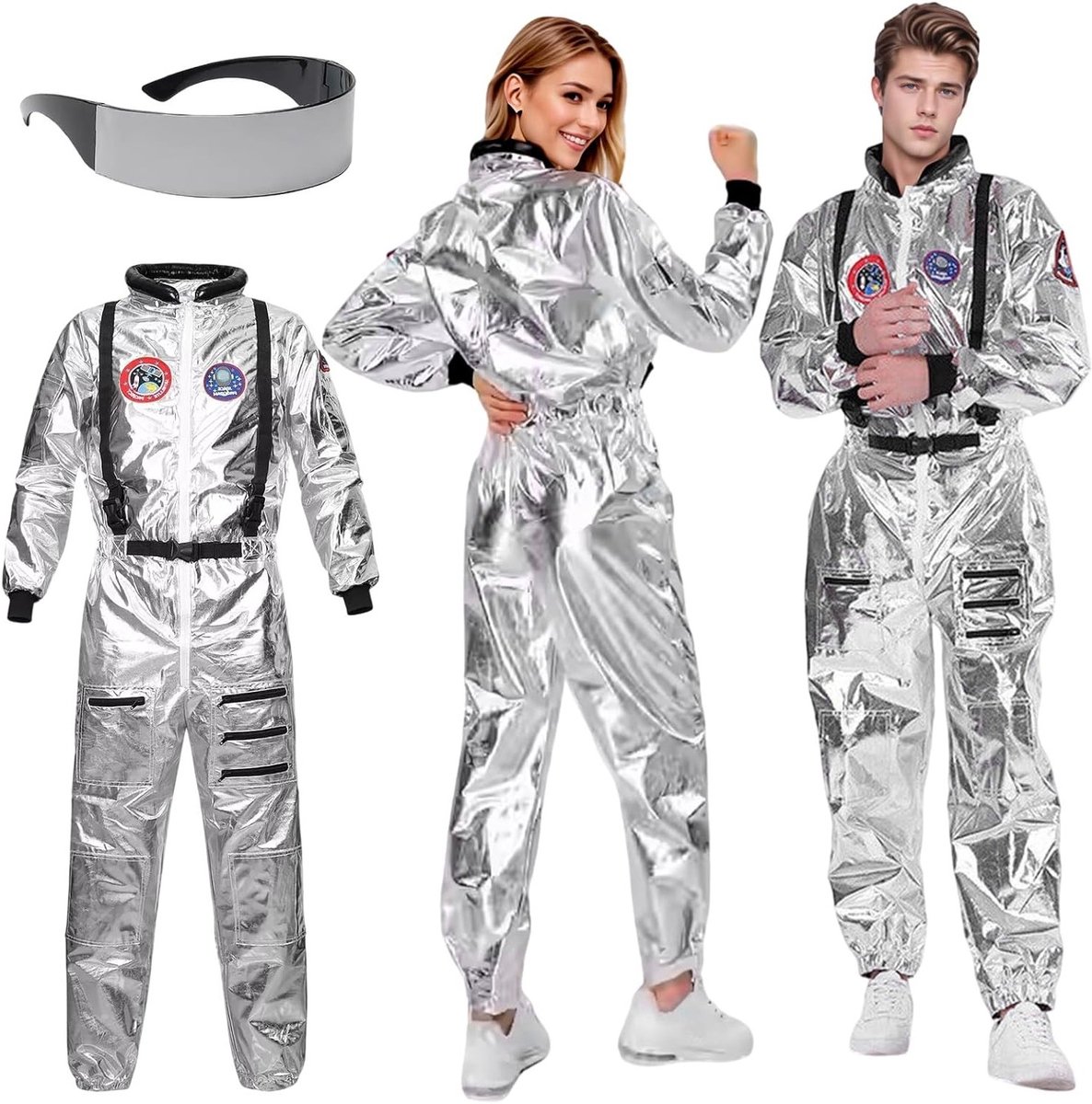 Astronauten kostuum voor kinderen, volwassenen en vrouwen, zilver met brillen, perfect voor carnaval, Halloween en cosplay evenementen