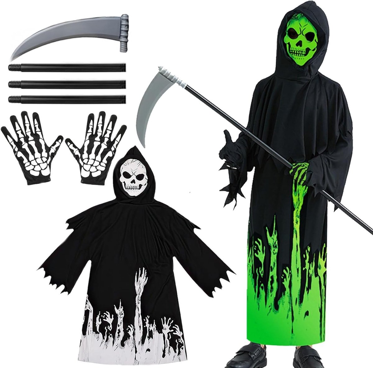 Grimmige Sensenman Kostuum voor Kinderen met Lichtgevende Schedel, Handschoenen en Scythe voor Halloween en Carnaval