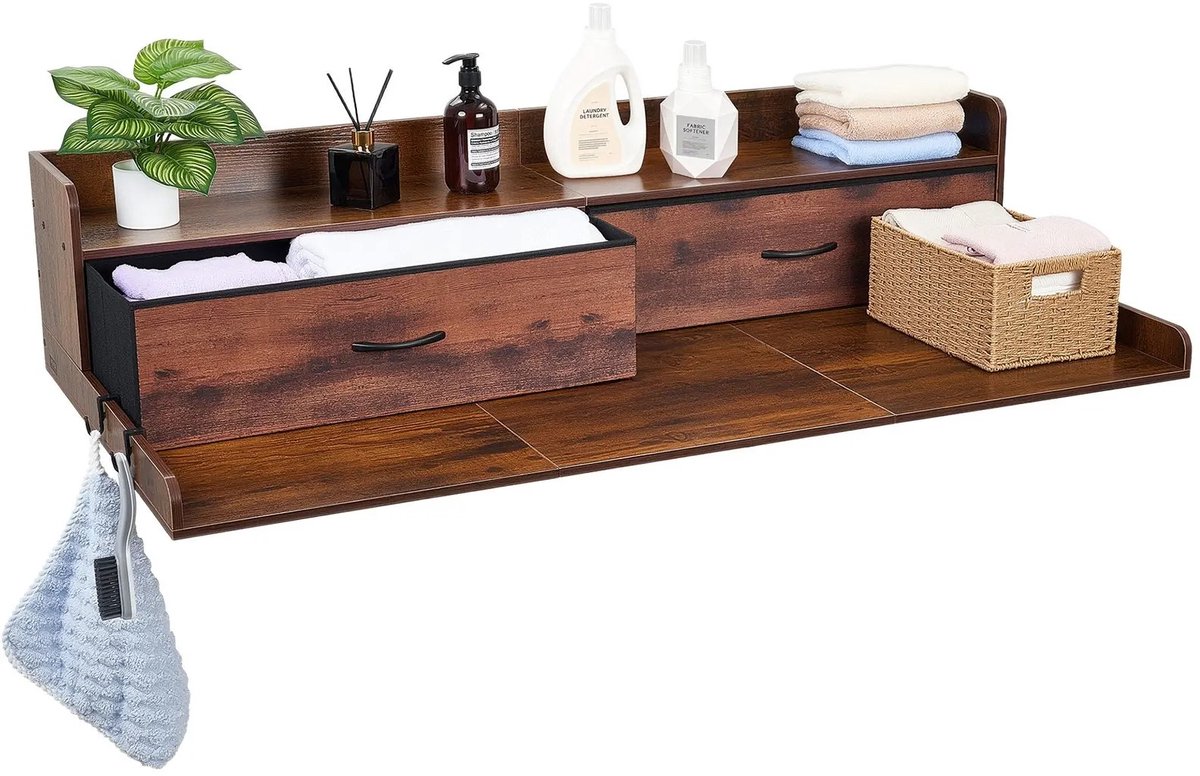 M-Goods - Wasmachine Ombouw - Wasmachinekast met 2 Lades - Wasmachine Verhoger - Opbergplank - Vintage Houtlook