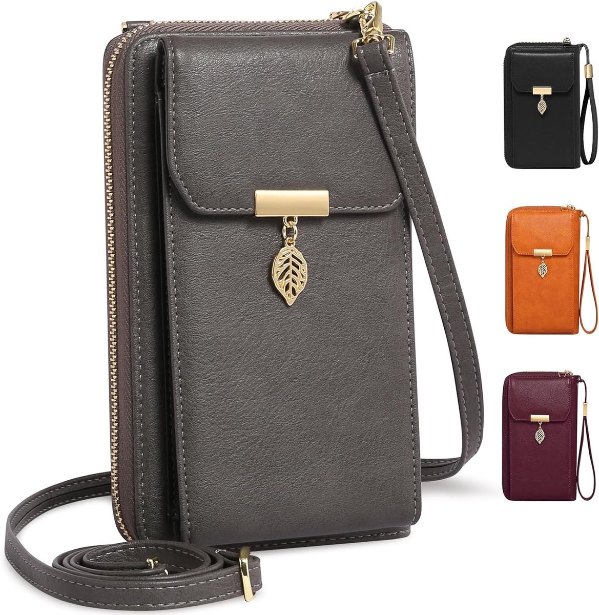 Dames schoudertas met RFID bescherming, leren crossbody tas met 12 kaartsleuven en afneembare rits