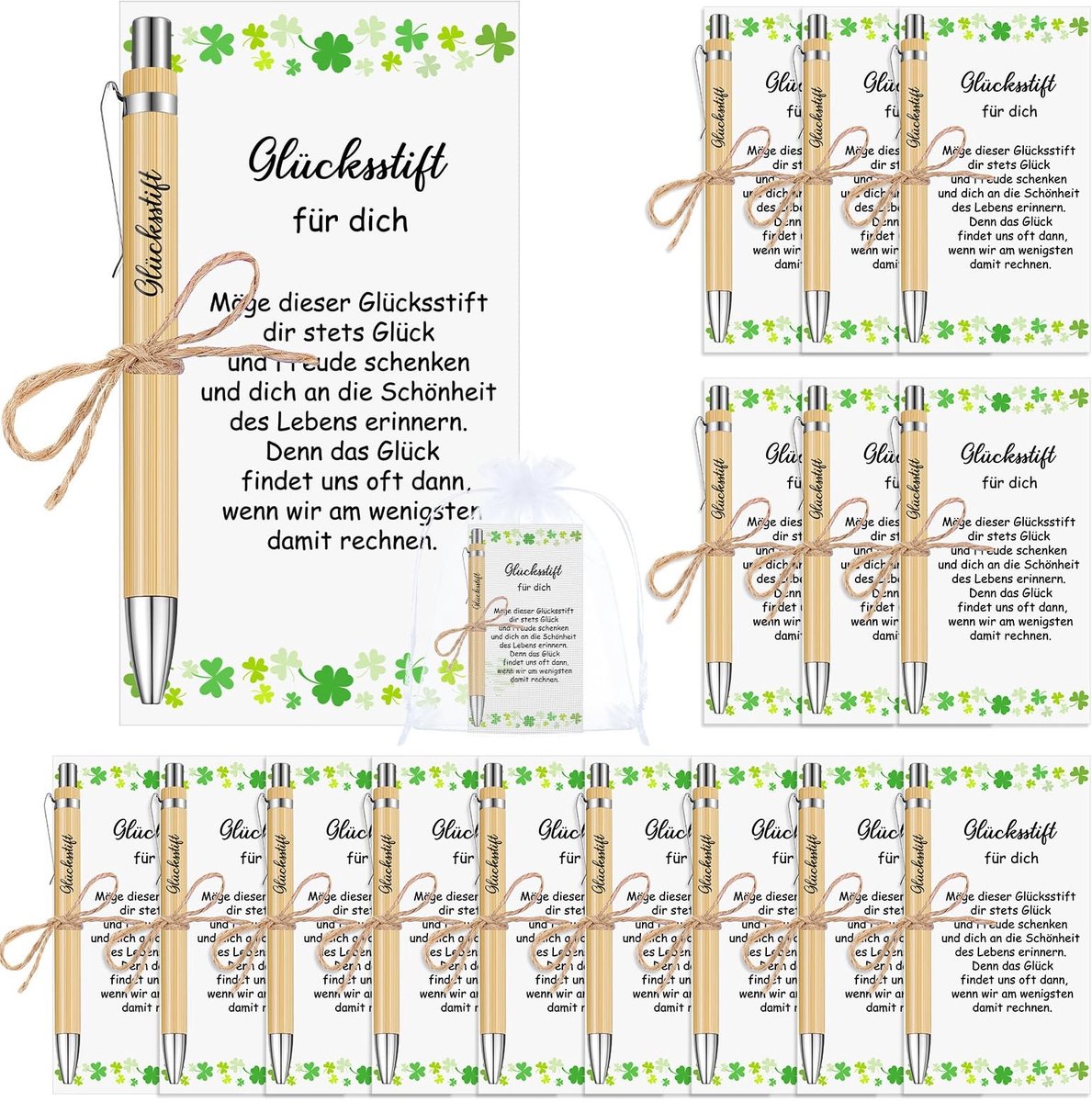Dailygoods - Dailygoody - Geluksbrengers - Bedankjes - Houten balpennen met gravure - Organza zakjes - Teamgeschenken - Voor leraren - 15 stuks